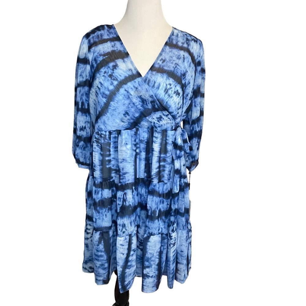 Calvin Klein Tie Dye Blue Iceberg Tiered Dress With Balloon 3/4 Sleeve NEW 14